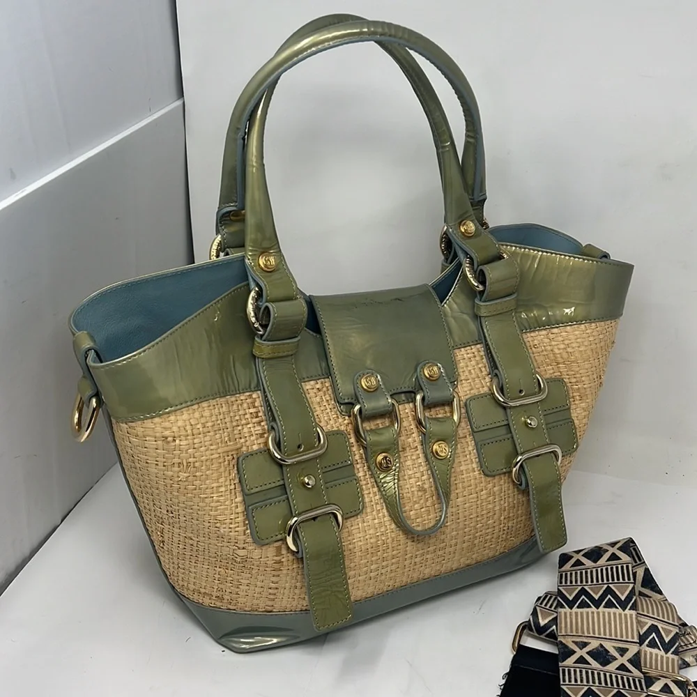 Stuart Weitzman Patent Leather and Raffia Woven Satchel w/ crossbody strap